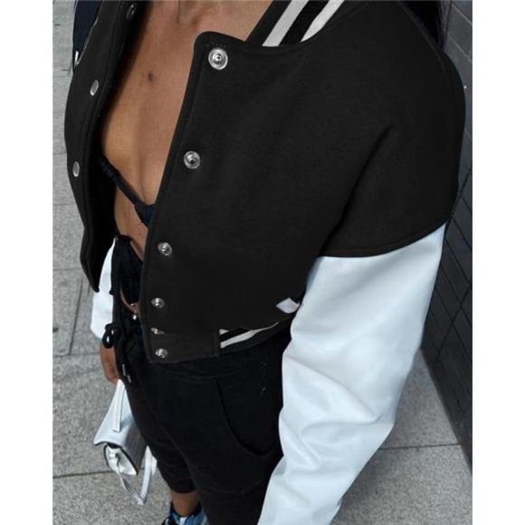 Women’s Crop Baseball Jacket Faux Leather Coat Punk Hiphop Outwear - Picture 6 of 6